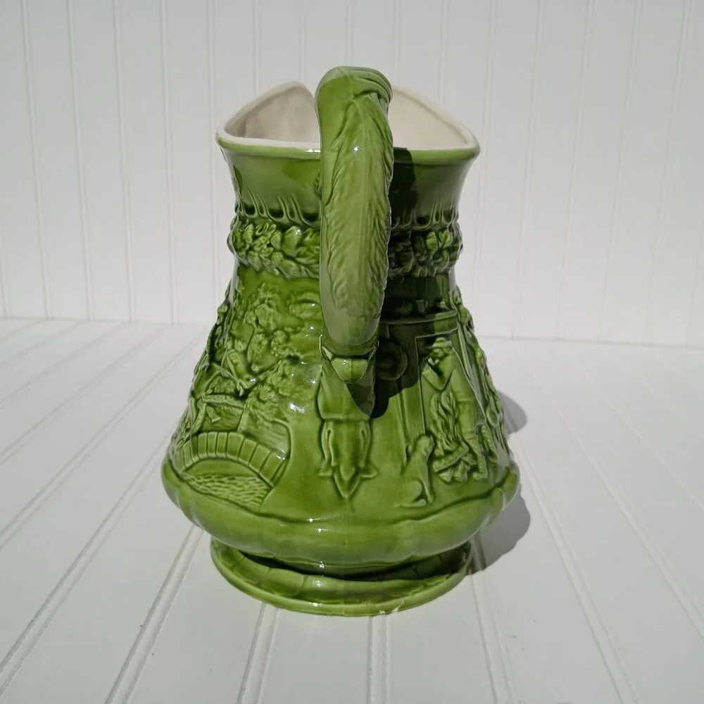 Mid-Century Green Pitcher Relief Pub Horse Scene Embossed Ceramic Signed 1971